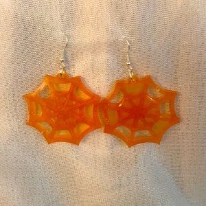Orange glitter spider web earrings